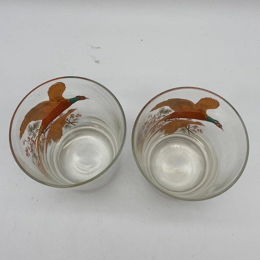Vintage Pheasant Game Bird Drinking Glass Set of 2 Clear Tapered MCM Barware